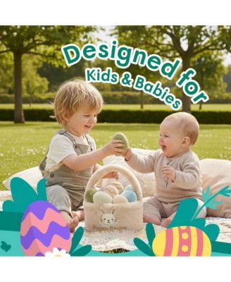 Easter Egg Plush Basket Toy Set, 9.5" Easter Egg Hunt Basket with Bunny Design, Soft Decorative Easter Plush Toys
