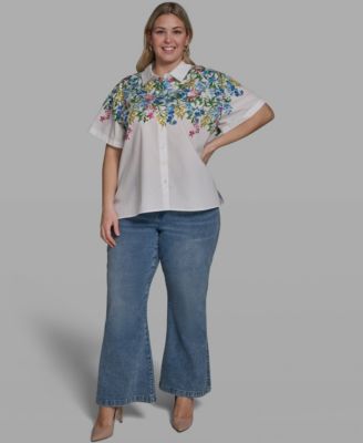 Plus Size Multi-Floral Woven Collared Top