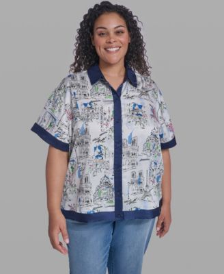 Plus Size Printed Collared Camp Shirt