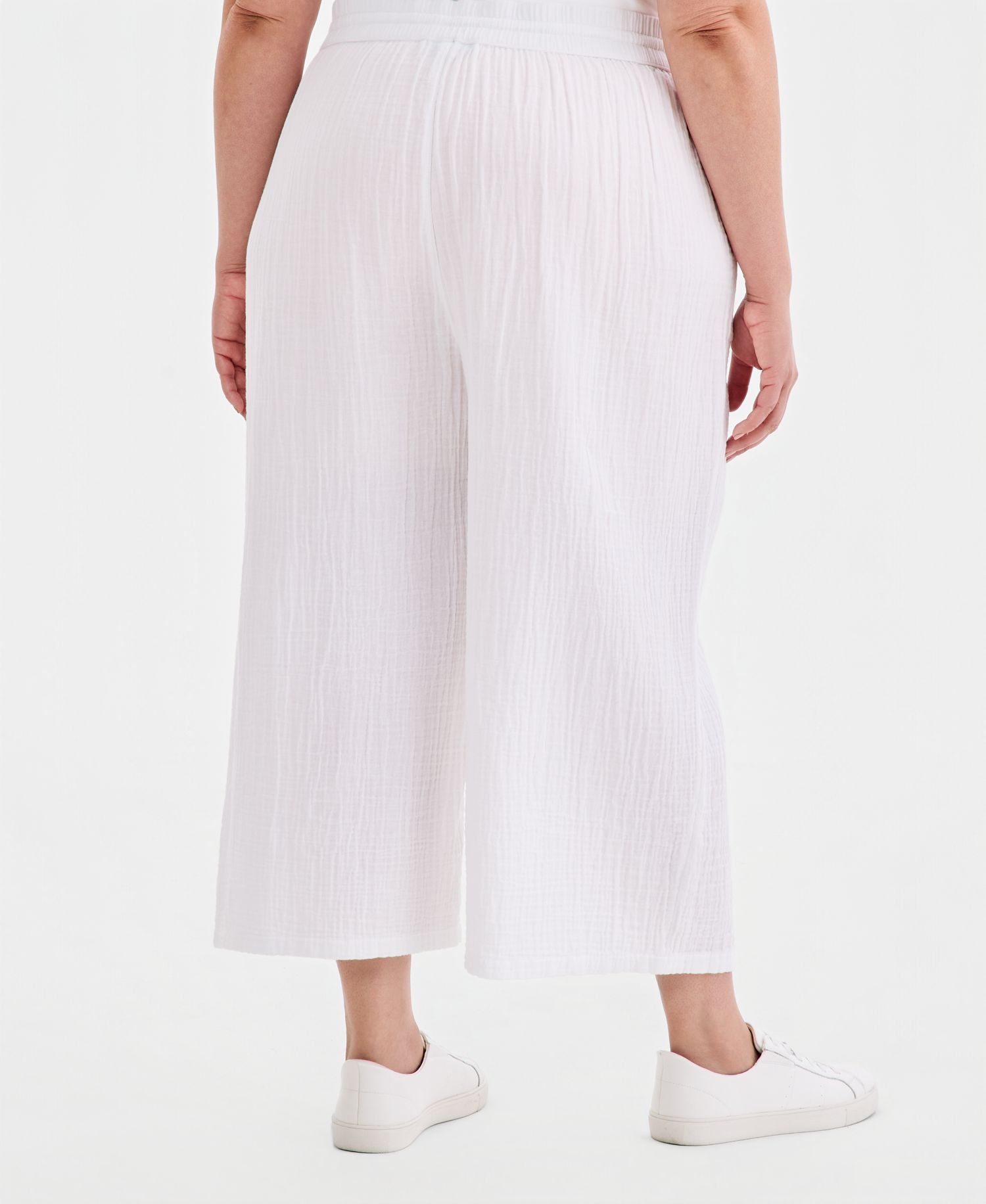 Plus Size Cotton Gauze Wide-Leg Cropped Drawstring Pants