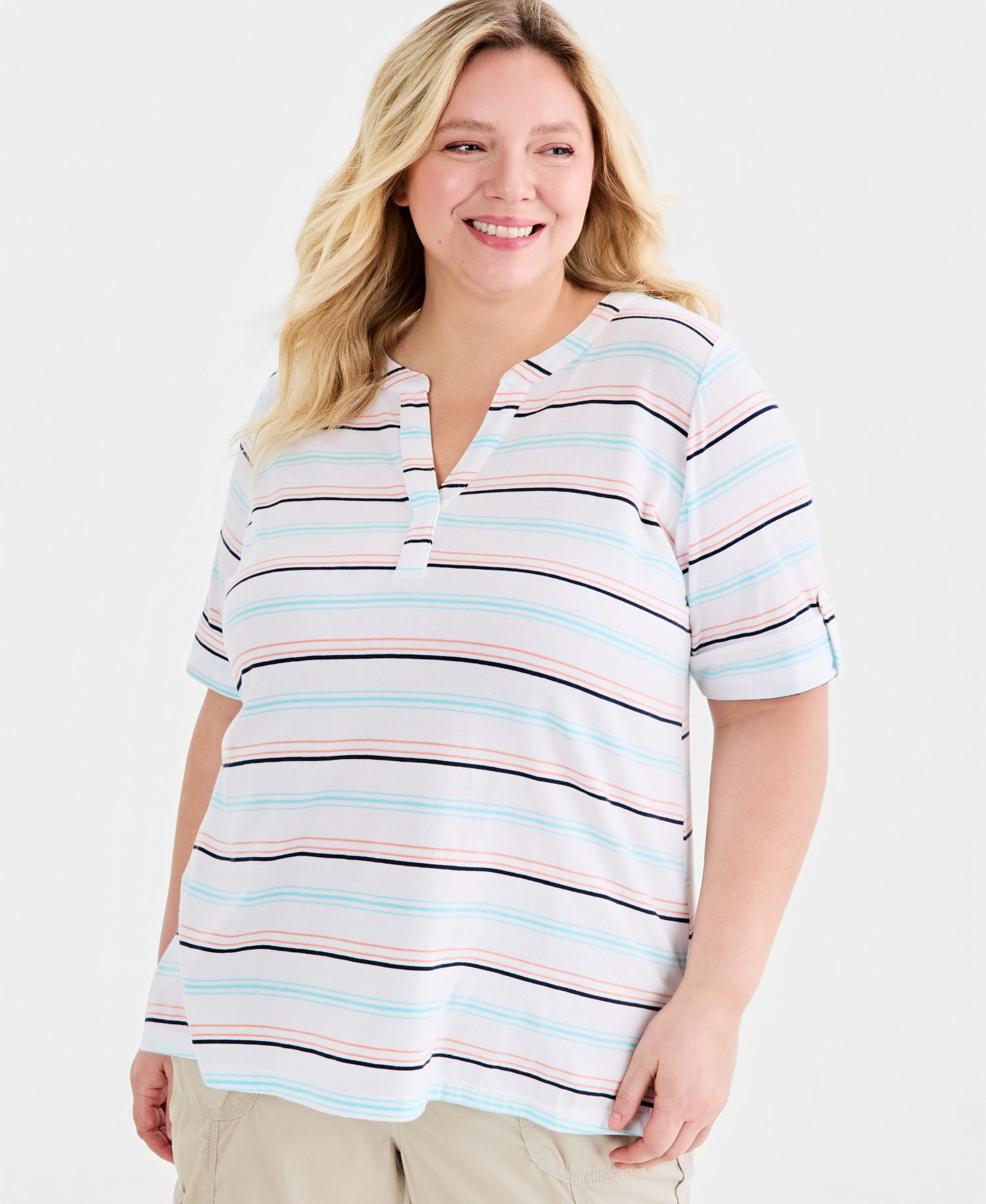 Plus Size Printed Roll-Tab Split-Neck Elbow-Sleeve Tunic