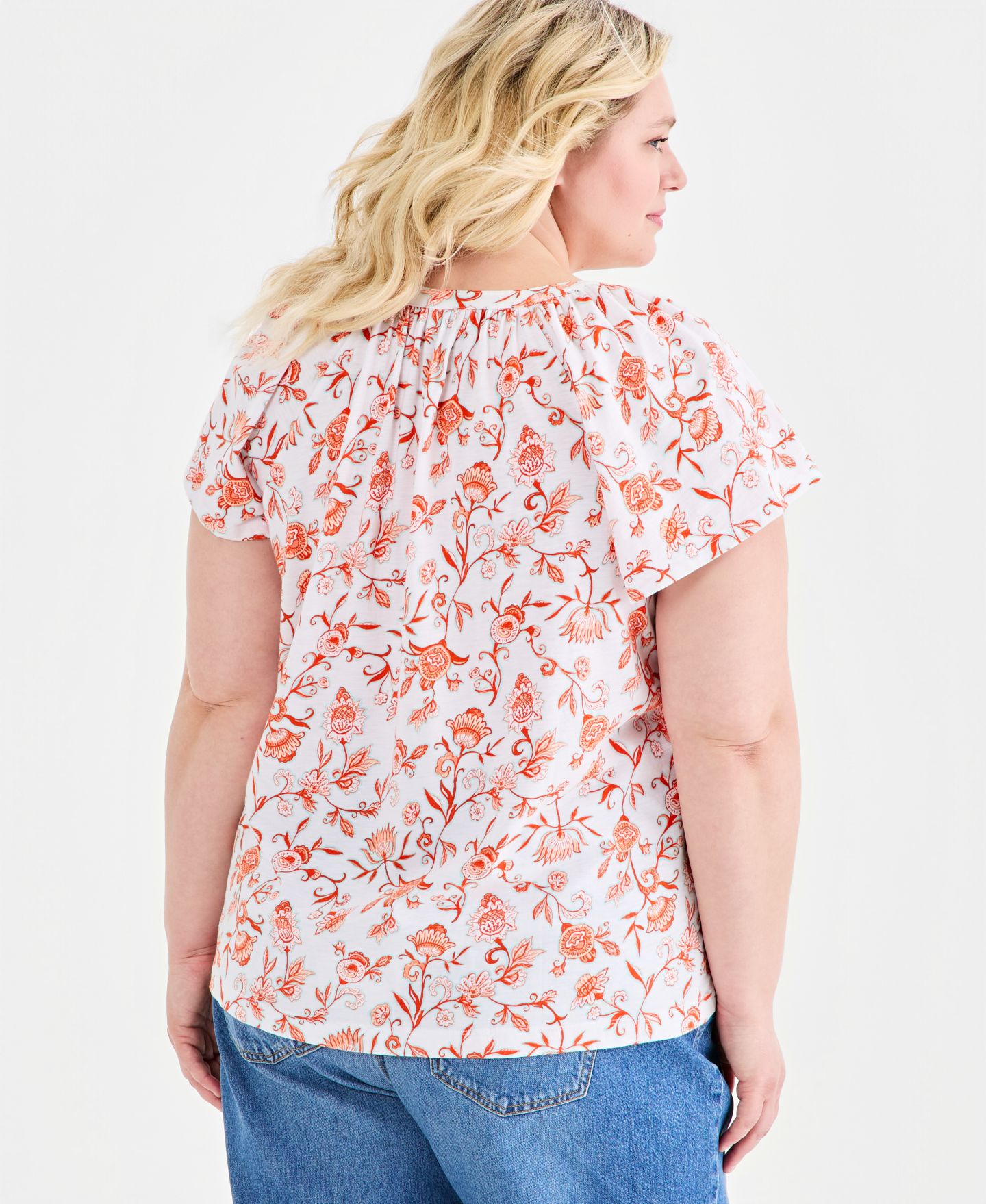 Женский топ Style & Co Plus Size Printed Button-Front Flutter-Sleeve, цвет: Яркий белый — фото 4