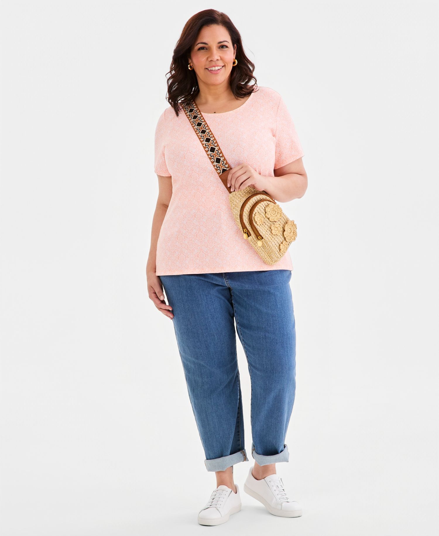 Plus Printed Short-Sleeve Scoop-Neck Top