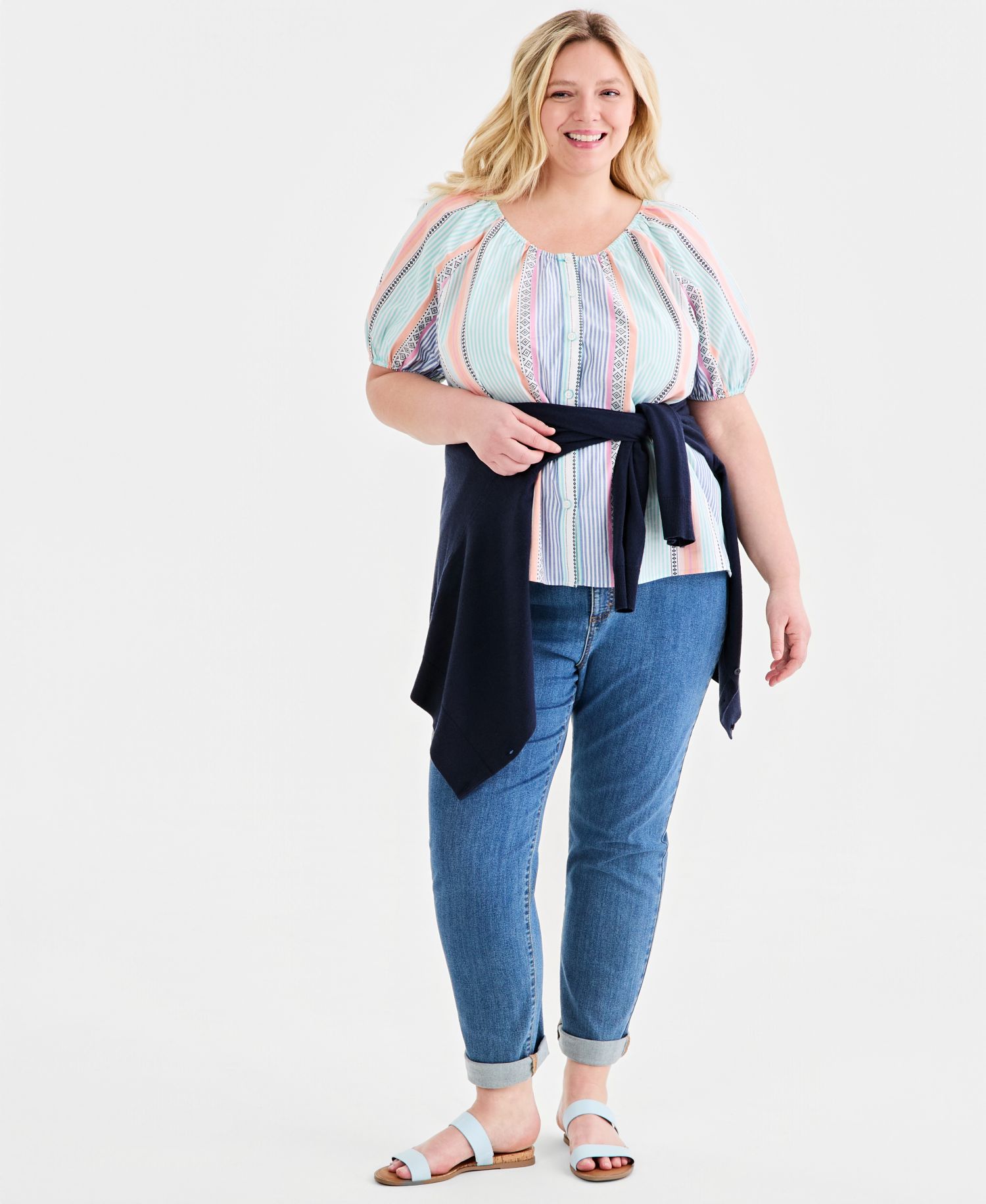 Plus Size Cotton Button-Front Puff-Sleeve Top
