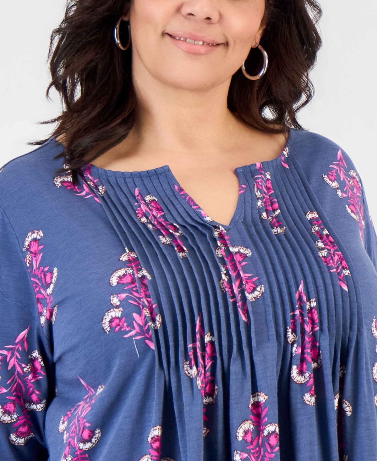 Style & Co Plus Size Printed Pintuck Split-Neck 3/4-Sleeve Top, Macy's Exclusive