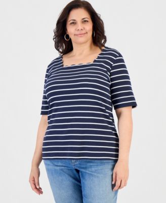 Plus Size Scalloped Square-Neck Striped Top