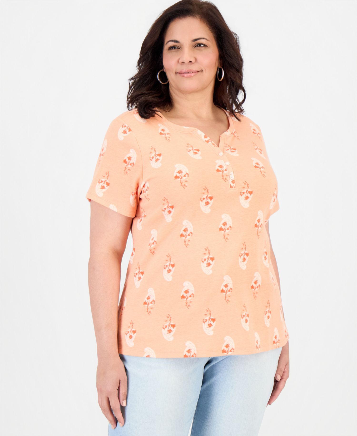Petite Floral-Print Short-Sleeve Henley Knit Top