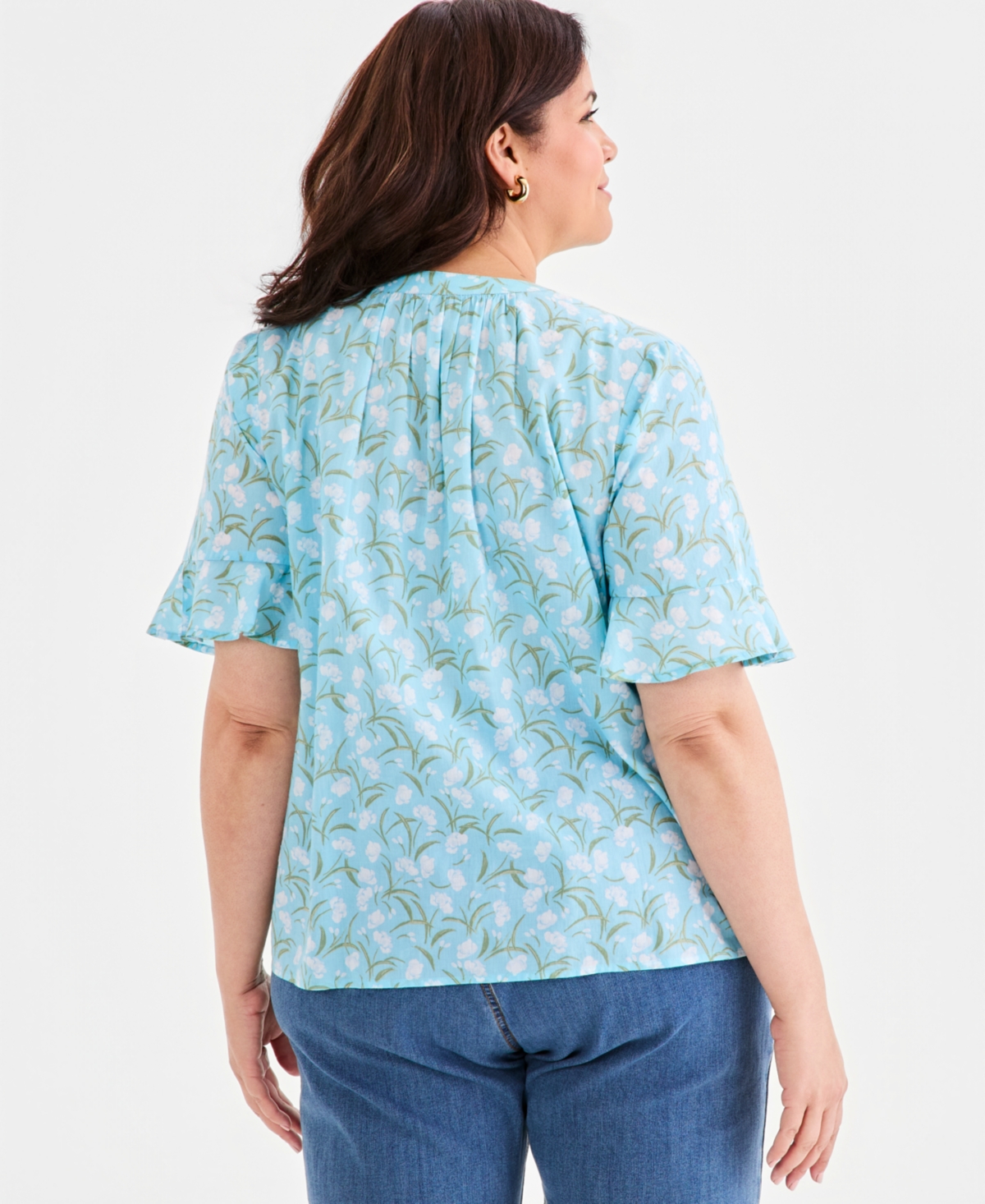 Style & Co Plus Cotton Printed Flutter-Sleeve Top, Macy's Exclusive