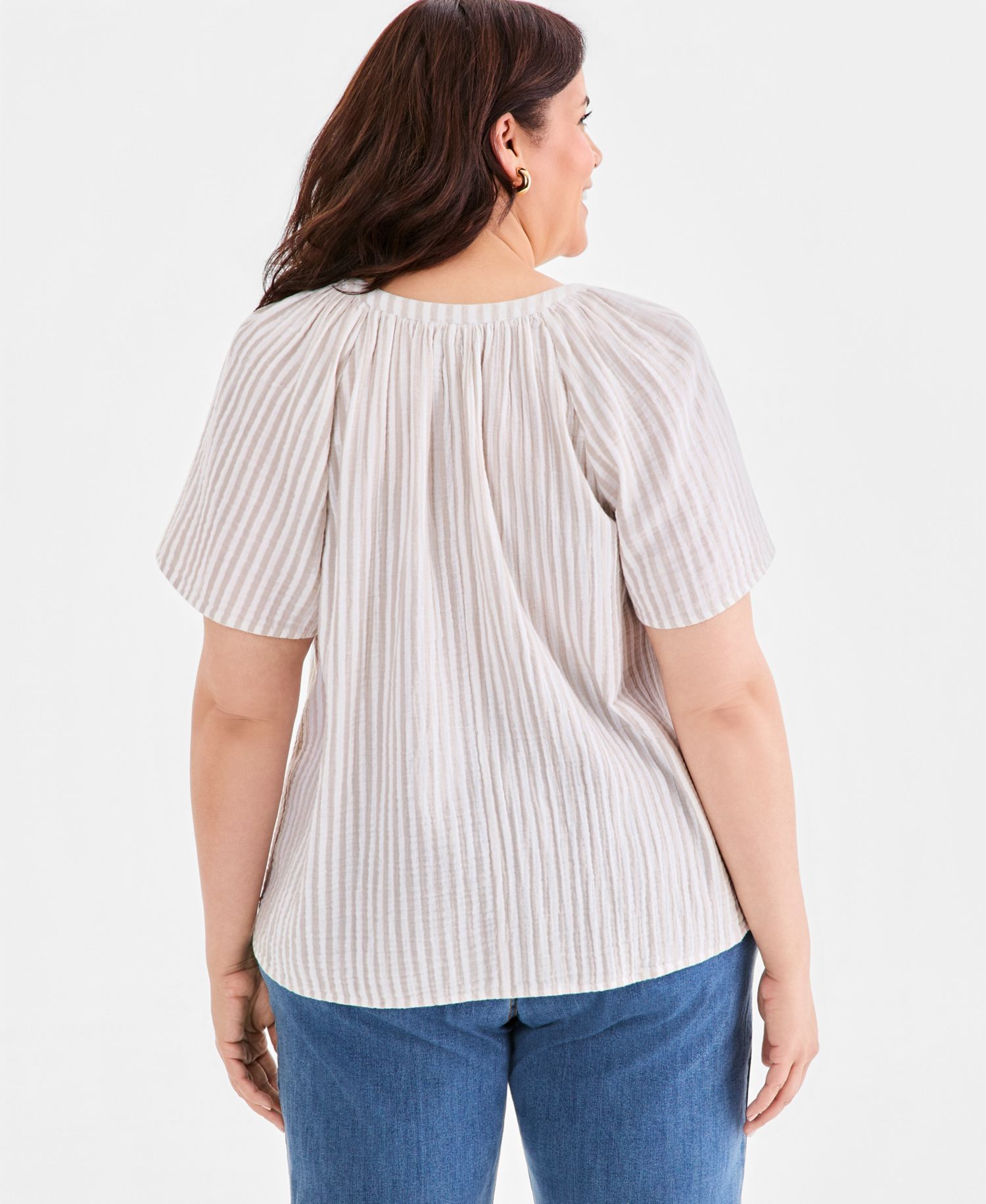 Petite Slit V-Neck Raglan-Sleeve Cotton Top