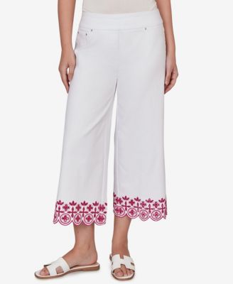 Petite Embroidered Hem Colored Denim Pull-On Crop Pants