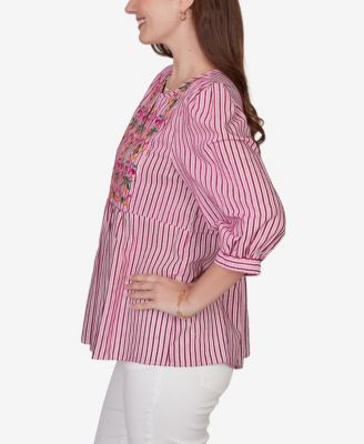 Petite Embroidered Placket Stripe Top