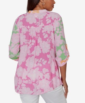 Petite Color-Block Floral Pintuck Gauze Top