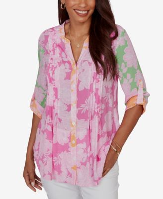 Petite Color-Block Floral Pintuck Gauze Top