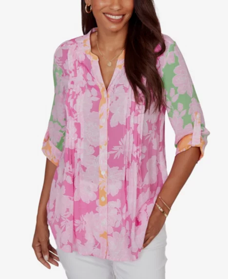 Petite Color-Block Floral Pintuck Gauze Top - Fuchsia Multi