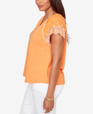 Petite Embroidered Sleeve Slub Knit T-Shirt