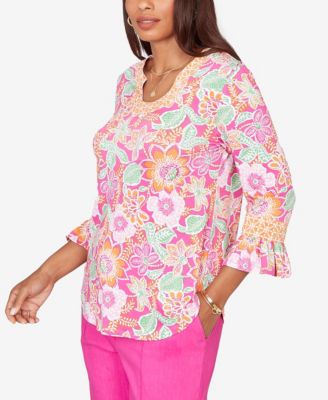 Petite Floral Puff Print Ruffle-Sleeve Knit Top