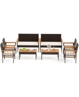 8 PCS Wicker Furniture Set with Acacia Wood Tabletop Armrests Cushions for Backyard