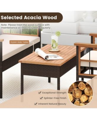 8 PCS Wicker Furniture Set with Acacia Wood Tabletop Armrests Cushions for Backyard