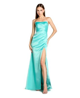 Women's Strapless Gathered High Slit Gown