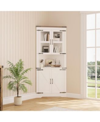 Rustic Farmhouse Tall Corner Storage Cabinet with Glass Doors & Adjustable Shelves, Corner Display Cabinet for Kitchen