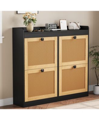Shoe Cabinet with 4 Deep Flip Drawers Base Freestanding Wooden Shoe Storage Cabinet with Rattan Door