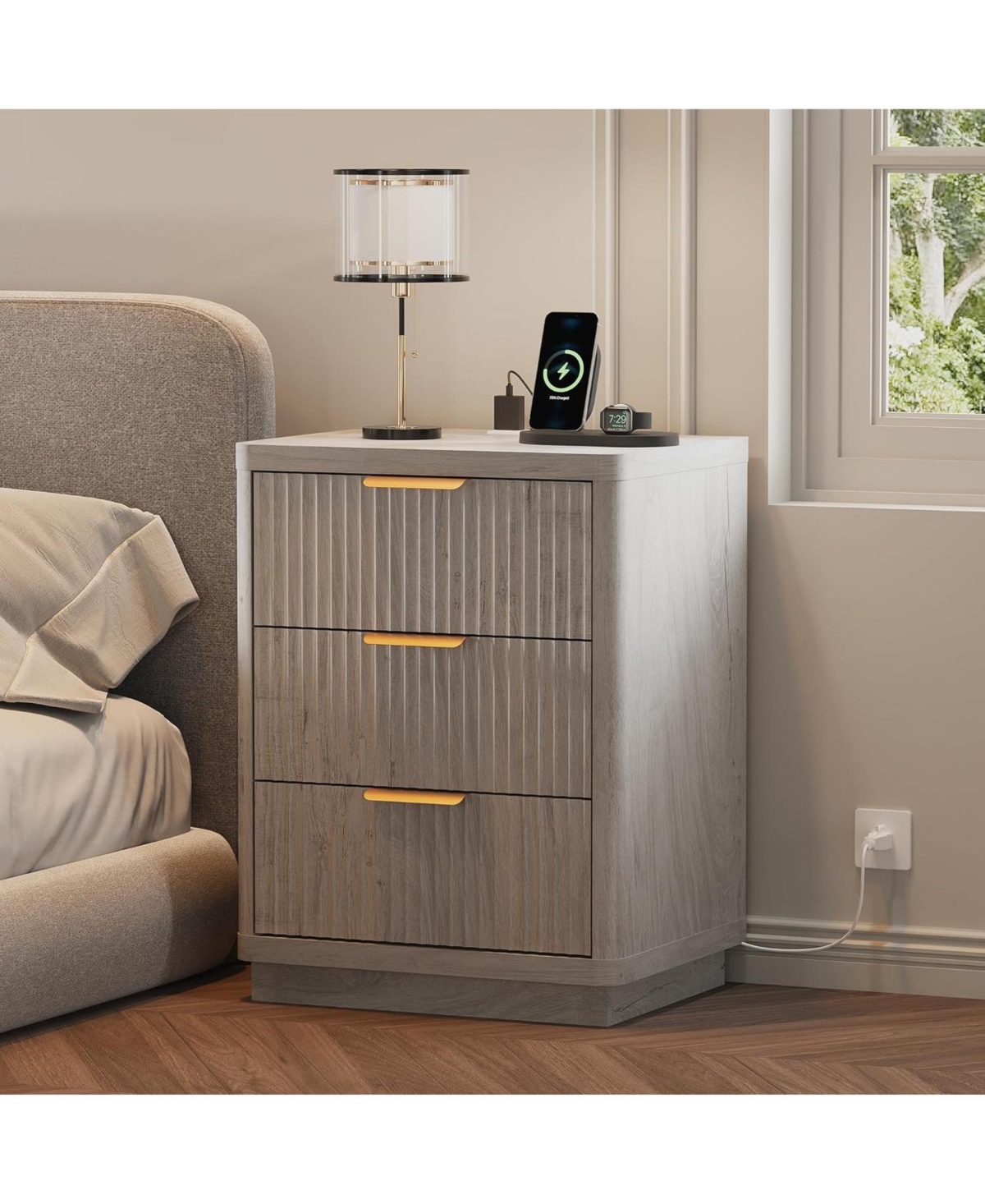 gaomon Fluted Farmhouse Night Stand, Fluted Nightstand with Charging Station, FlutedNightstand Bedroom with 3 Drawers - Grey