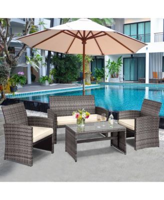 4PCS Patio Outdoor Rattan Furniture Set Chair Loveseat Table Cushioned
