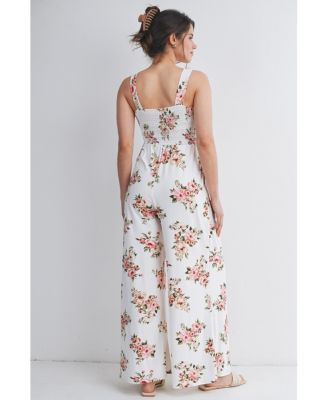 Maternity Floral Smocked Square Neck Wide Leg Jumpsuit with Pockets