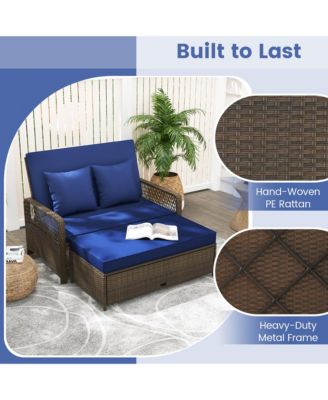 Patio Rattan Daybed Wicker Loveseat Sofa w/ Multifunctional Ottoman