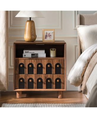 Modern Mid-Century Nightstand with 2 Drawers, Solid Wood Bedside Table with Charging Station, Curve Mirror Design, End Table for Bedroom