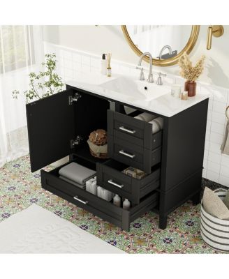 Bathroom Vanity with Ceramic Sink, Solid Pine Frame, Soft Close Drawers & Door for Small Spaces