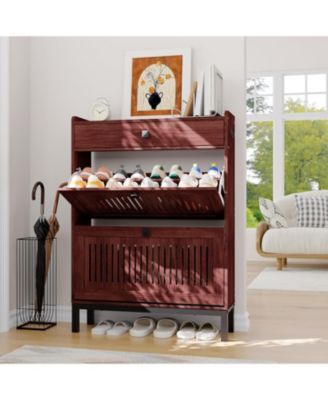 Modern Wooden Shoe Storage Cabinet – 2 Turn Drawers, Large Top Drawer, Adjustable Shelves, Hidden Organizer, Anti-Tipping