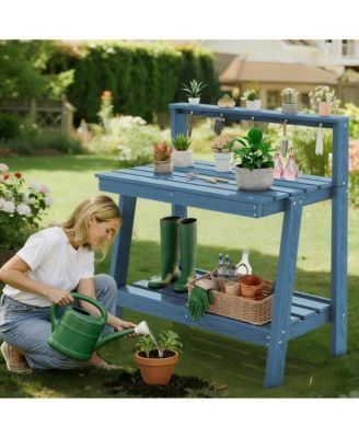 Outdoor gardening 3-tier shelf with angled legs and hooks