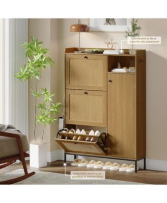 Rattan Shoe Storage Cabinet with 3 Flip Drawers, Freestanding Organizer with Adjustable Shelves for Entryway