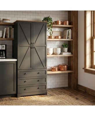 Farmhouse Kitchen Pantry Cabinet - 72" Tall Large Wood Kitchen Storage Cabinets with Adjustable Shelves & 2 Barn Doors & 3 Drawer