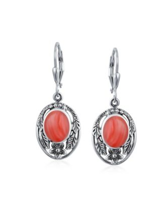 Western Style Floral Bezel Set Coral Dangle Earrings .