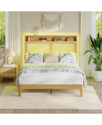 Rattan Bed Frame with RGB LED Lights, Boho Style, Storage Headboard & Charging Station