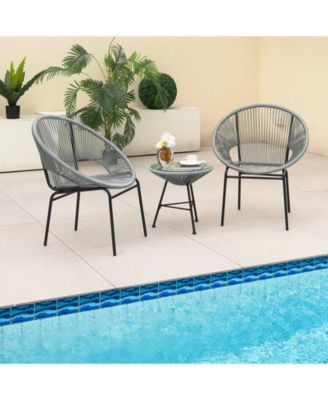 3 Pieces Acapulco Chair Set Wicker Conversation Bistro Set w/ Tempered Glass Table