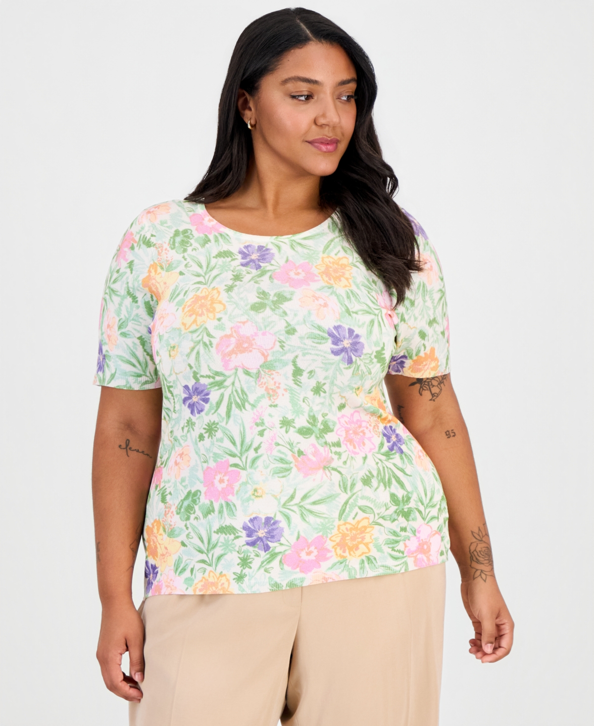 Tahari Asl Plus Printed Short-Sleeve Sweater