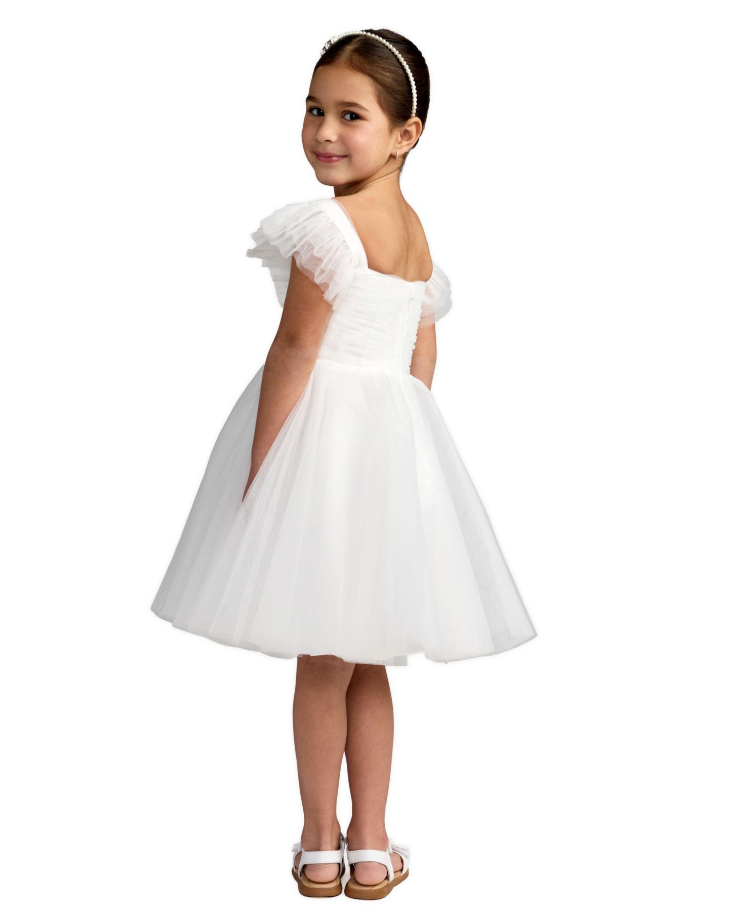 Платье Mac Duggal Ruffle Shoulder Tulle Dress для девочек, цвет: Белый — фото 3