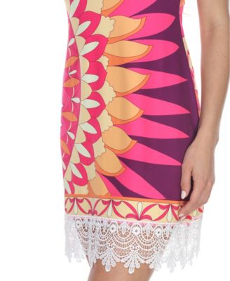 Women's Printed Sleeveless Lace Hem Sheath Dress