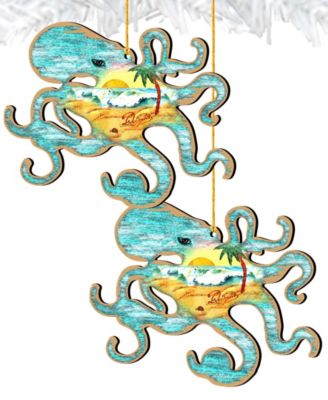 Octopus Wooden Ornaments, Set of 2