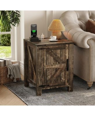 Bedside Table with USB Charging Station – 18" Rustic End Table with Sliding Barn Door, Adjustable Shelf, Two-Tier Storage