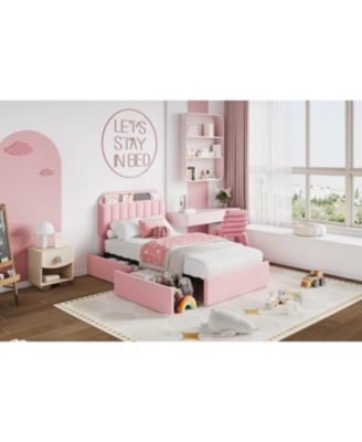 Twin Bed Frame Storage Headboard 2 Drawers Kids Upholstered Platform Bookcase Wood Slats No Box Spring