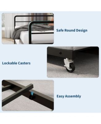 twin daybed with pop-up trundle, linen upholstery, storage headboard with charging ports, LED lights, and durable metal frame