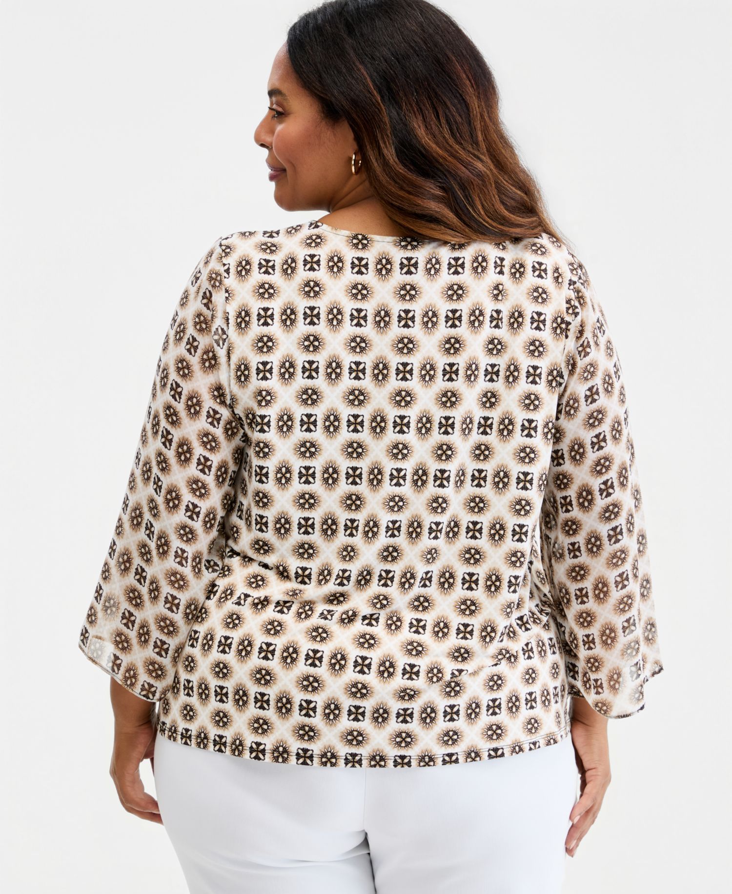 Petite Printed Chiffon-Sleeve Gathered-Neck Top