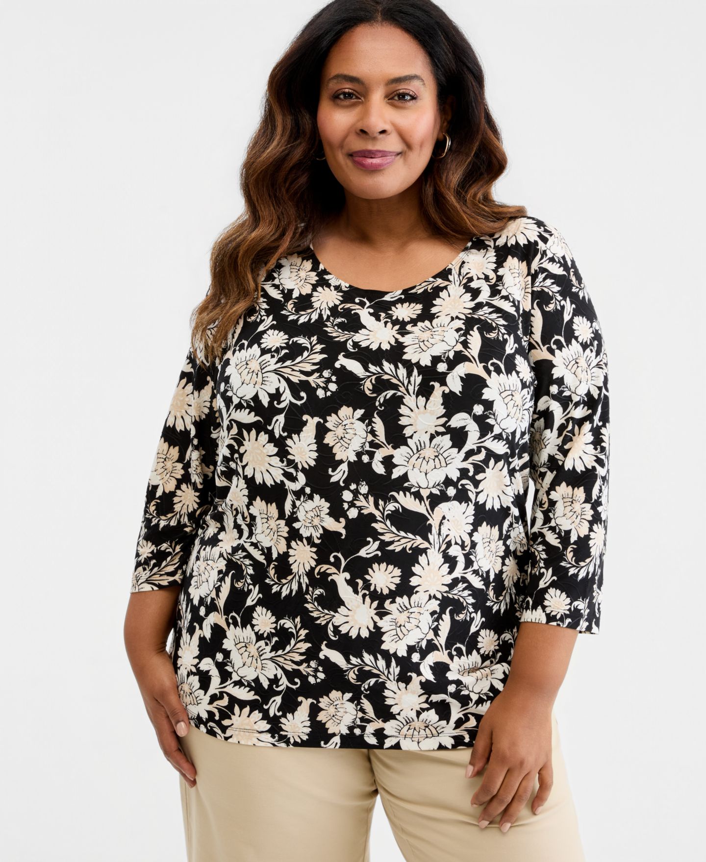 Женский топ JM Collection Printed 3/4 Sleeve Scoop-Neck Jacquard Top, цвет: Глубокий чёрный — фото 2