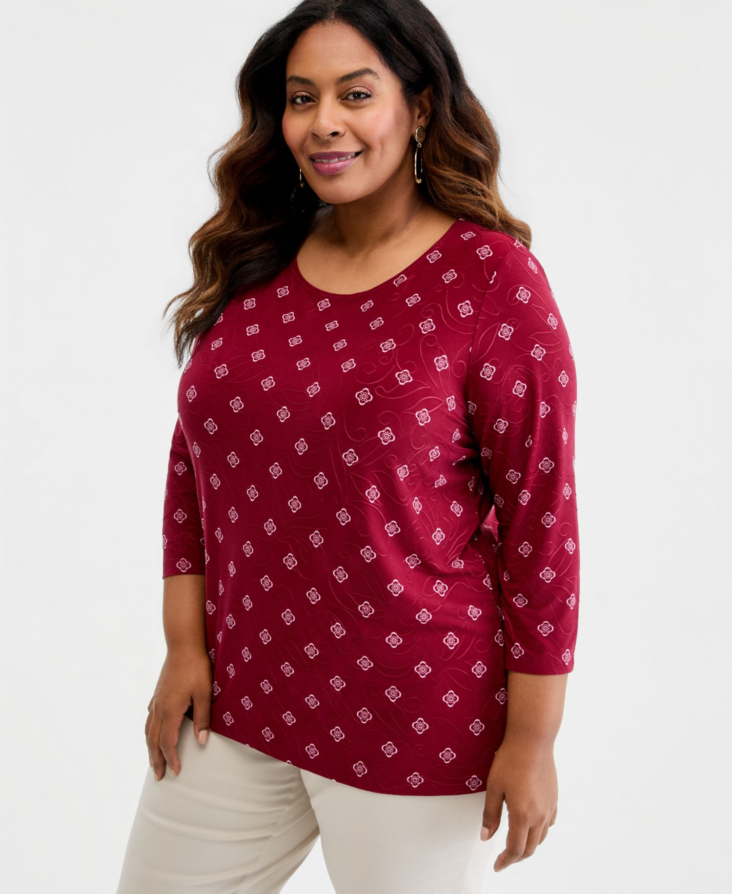 Petite Sofia Tile 3/4-Sleeve Jacquard Tee