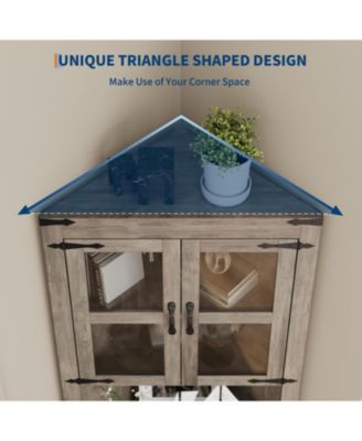 Tall Corner Cabinet Glass Door Adjustable Shelves Washed Grey for Kitchen and Bathroom