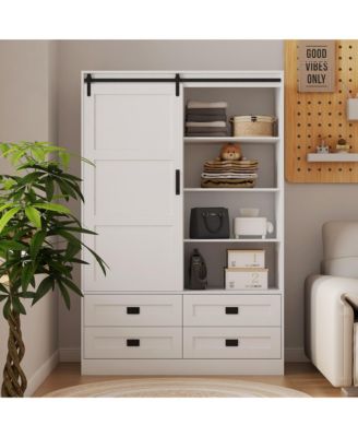 Tall Bedroom Armoire Wardrobe Closet Clothing Storage Cabinet with Hanging Rod Barn Door Drawers and Open Shelves